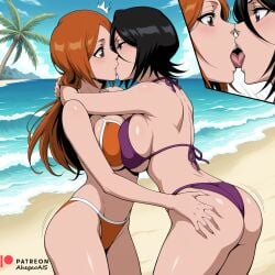 2d 2d_(artwork) 2d_artwork 2girls ahegao_ai ai_generated bikini bikini_bottom bikini_top bleach bleach:_the_thousand-year_blood_war clothing female female_focus female_only inoue_orihime inoue_orihime kissing kissing kuchiki_rukia kuchiki_rukia passionate patreon patreon_link patreon_logo patreon_url patreon_username watermark yuri