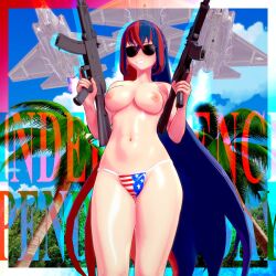 1girls 4th_of_july alear_(fire_emblem) alear_(fire_emblem)_(female) blue_hair breasts double_gun dual_wielding dume female fire_emblem fire_emblem_engage gun independence_day koikatsu koikatsu_(medium) light-skinned_female light_skin long_hair machine_gun multicolored_hair nintendo nipples red_hair sunglasses text topless