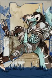 4_eyes absurd_res anthro bandage bone chair curled_horn dragon fur furniture furred_dragon furred_scalie genitals green_penis hi_res horn insect_wings knot knotted_penis lich mane multi_arm multi_eye multi_limb mythological_creature mythological_scalie mythology ohyzoroz organs penis presenting presenting_penis ribs scalie skull skull_head solo stercore_murum throne undead wings