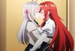 2girls ahoge ai_generated alisa_mikhailovna_kujou big_ass_(female) big_breasts blush breasts_pressed_against_another breasts_to_breasts closed_eyes crimson_hair_female crossed_bangs crossover crossover_ship crossover_shipping curvy_females demon_girl females_only grabbing_another's_ass hair_ribbon high_school_dxd hourglass_figured_female huge_ahoge hugging_another hugging_waist interspecies interspecies_yuri kissing lesbian_kiss lesbians light-skinned_female long_hair_female loose_hair lovehuwu milky_white_skin red_ribbon rias_gremory russian_girl schoolgirl_uniform schoolgirls silver_hair_female symmetrical_docking tokidoki_bosotto_russian_de_dereru_tonari_no_alya-san very_long_hair_female voluptuous_female yuri