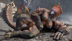 16:9 2025 3d_(artwork) 4_fingers 4k absurd_res ajarakan alternate_version_at_source anonymous_artist anthro artist_collaboration athletic bedroom_eyes big_breasts blender_(artwork) blue_nipples breasts brown_body brown_scales camp camping_tent capcom chin_spikes claws clitoris detailed_background digital_media_(artwork) eyelashes facial_spikes fangs female fingers genitals half-closed_eyes hi_res horn ivorylagiacrus looking_at_viewer lying monster_hunter muscular muscular_female narrowed_eyes nipples nude on_ground on_side outside presenting presenting_pussy primatius pussy raised_tail red_body red_scales rock scales scalie scaly_breasts seductive smile solo spikes spikes_(anatomy) spread_legs spreading tail teeth thick_thighs toned_female widescreen yellow_eyes