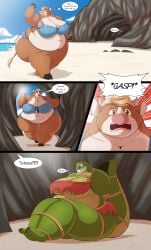2girls alligator alligator_girl alligator_tail bbw bbw_furry beach belly_bigger_than_head big_ass bikini blonde_hair bondage breasts breasts_bigger_than_head candice_(robthehoopedchipmunk) cave chubby chubby_anthro chubby_female comic comic_panel cow_ears cow_girl cow_horns cow_tail dialogue digital_drawing_(artwork) digital_media_(artwork) duct_tape female furry furry_female gasp gasping hazel_eyes hips hips_wider_than_shoulders hooves large_ass large_breasts muffled navel non-human ocean ocean_background panels purple_eyes robthehoopedchipmunk rope rope_bondage sand shocked shocked_expression shocked_eyes tape taped_mouth tatiana_(robthehoopedchipmunk) thick_legs thick_thighs thighs_bigger_than_head wide_hips