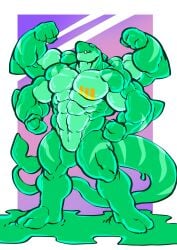 anthro engis_(trencalos) flexing furry goo_creature green_body male male_only markings muscles muscular muscular_male orca_tail shark slime solo solo_focus solo_male stripes tail trencalos