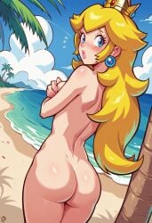 1girls ai_assisted ai_generated artist_logo artist_name artist_signature artist_upload ass ass ass_focus back back_view beach blonde_female blonde_hair blonde_hair_female blush breasts breasts butt_crack completely_naked completely_naked_female completely_nude completely_nude_female covering covering_breasts crown crown_only day daytime earrings embarrassed embarrassed_nude_female enf female looking_at_viewer mario_(series) naked naked_female nintendo nude nude_female ocean outdoor_nudity outdoors outside palm_tree princess_peach public_exposure public_indecency public_nudity sand self_upload sideboob sinandsketch solo solo_female solo_focus super_mario_bros. water