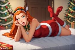 1girls ai_generated animal_ears antlers artist_name bare_arms bare_shoulders bell bow bowtie box breasts cartoon_network choker christmas christmas_ornaments christmas_tree cleavage deer_ears dress fake_animal_ears fake_antlers feet feet_up full_body fur-trimmed_dress fur_trim gift gift_box green_bow green_eyes hairband head_rest hi_res horns indoors kneehighs lips long_hair looking_at_viewer lying medium_breasts no_shoes on_bed on_stomach open_mouth orange_hair red_dress red_socks reindeer_antlers ribbon rule34lab sam_(totally_spies) santa_costume socks soles solo strapless strapless_dress teeth the_pose toes tongue tongue_out totally_spies upper_teeth_only