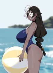 beach_ball big_ass big_breasts big_butt big_thighs big_titties bikini blurry_background brown_skin curvaceous curvaceous_female curvaceous_figure curvy curvy_figure curvy_hips female female_focus female_only long_hair navy_blue_swimsuit one-piece_swimsuit original original_character swimsuit wozzu1