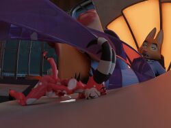3d_(artwork) 4_toes absurd_res anthro ass blender_(artwork) blitzo_(helluva_boss) bodily_fluids canid canine clothed clothing cynthiaacid demon diane_foxington digital_media_(artwork) dreamworks duo erection eyebrow_piercing facial_piercing feet female foot_fetish fox fur genital_fluids genitals helluva_boss hi_res horn humanoid imp macro male male/female mammal micro nude orange_body orange_fur pawpads paws penile penis piercing plantigrade red_body smile soles tail the_bad_guys toes