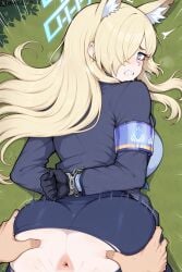 ai_generated bl4ck_ai blue_archive clothed_female_nude_male clothed_sex doggy_style doggy_style handcuffed kanna_(blue_archive) on_the_ground pov pov_eye_contact pov_sex