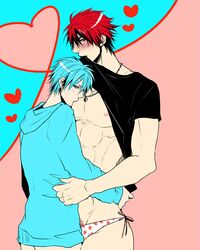 blue_eyes blue_hair blush bottomless gay kagami_taiga kissing kuroko_no_basuke kuroko_tetsuya nipples panties red_eyes red_hair shirt_lift yaoi