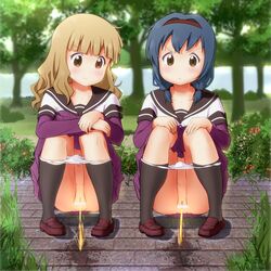 2girls censored clothing furutani_himawari oomuro_sakurako outdoors panties peeing pussy school_uniform squat yuru_yuri