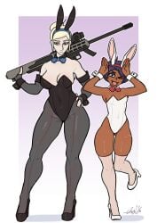 blonde_hair blue_eyes bow_tie bowtie bunny_costume bunny_ears bunny_ears_(gesture) bunnysuit cuffs cuffs_(clothing) dark-skinned_female dark_skin digital_drawing_(artwork) digital_media_(artwork) duo duo_female easter female female_only gremlinchalk gun hand_on_hip high_heels kaylee_(gremlinchalk) on_one_leg original_character original_characters pale-skinned_female pale_skin petite petite_body purple_hair scar scared scars sci-fi science_fiction sentinel_(gremlinchalk) simple_background size_difference small_breasts smaller_female sniper stockings taller_female taller_girl thick_thighs thighhighs tired_eyes weapon wide_hips