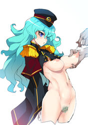 1girls aqua_hair ban blue_eyes blue_hair blue_pubic_hair breasts clothing cyan_hair cyan_pubic_hair female female_focus gloves hat imagawa_yoshimoto_(sengoku_collection) large_breasts navel nipple_piercing nipple_rings nipples piercing pubic_hair sengoku_collection solo_focus