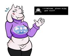 2019 5_fingers anthro belly black_clothing black_legwear black_thigh_highs blush bodily_fluids boss_monster_(undertale) bovid caprine clothing colored digital_drawing_(artwork) digital_media_(artwork) fangs female finalfrantasy fingers flying_sweatdrops fur genitals legwear long_ears mammal midriff navel pantsless_anthro pixel_(artwork) pubes purple_clothing purple_sweater purple_topwear pussy slightly_chubby smile solo speech_bubble sweat sweatdrop sweater teeth text thigh_highs topwear toriel undertale_(series) white_body white_fur