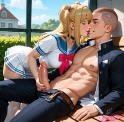 abs ai_generated big_penis cfnm clothed_female_nude_male cock condom cum death_note male male_nipples misa_amane public school_uniform schoolgirl sexy_body tagme