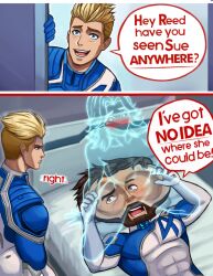 1girls 2boys ass ass_imprint beard big_ass blonde_hair blushing brown_hair canon_couple caught caught_in_the_act disappointed english_text facesitting funny human_torch humor husband_and_wife invisible invisible_woman invisible_woman_(marvel_rivals) johnny_storm lying married_couple marvel marvel_rivals meme mr_fantastic mr_fantastic_(marvel_rivals) neggoartz reed_richards speech_bubble squished squished_face sue_storm sweat walk-in walked_in_on