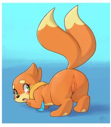 2025 ajin anus ass black_nose blush buizel digitigrade dipstick_tail eyebrows eyelashes female feral fur generation_4_pokemon genitals green_eyes hi_res markings nintendo orange_body orange_butt orange_fur orange_tail pink_tongue pokemon pokemon_(species) pussy raised_tail signature solo tail tail_markings teeth tongue
