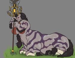 absurd_res antlers big_breasts black_hair braided_hair breasts breath_of_the_wild clothing digital_drawing_(artwork) digital_media_(artwork) equid equine felid feline female female_only fur grass gremlinchalk grey_body grey_fur hair hi_res holding_melee_weapon holding_weapon hooves horn horns horse lance lion lying lying_down lying_on_ground lying_on_stomach lynel mammal melee_weapon muscular muscular_female nintendo on_front on_ground pantherine plant polearm scar scared scars scars_all_over simple_background solo spear striped_body stripes taur tears_of_the_kingdom the_legend_of_zelda topwear weapon wraps