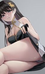 ass baizhi_(wuthering_waves) bare_legs bare_shoulders black_dress black_gloves black_hair breasts cleavage clothes_lift collar disgust dress dress_lift female flower gloves green_eyes hair_flower hair_ornament large_breasts liwen520 long_hair looking_at_viewer lying multicolored_hair on_side panties partially_fingerless_gloves see-through_dress_layer solo streaked_hair teeth thighs underwear white_collar white_panties wuthering_waves