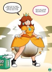 1girls blue_eyes brown_hair dialogue female fully_clothed hyrosdiaperdivas light_skin mario_(series) princess_daisy scat scat shit shit shitting simple_background soiling speech_bubble stinky super_mario_bros.