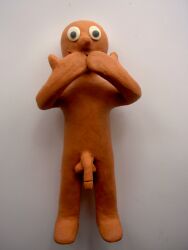 aardman_animations clay clay_creature covering_mouth justin_(ivstinivs) male male_only morph morph_(aardman_animations) orange_body penis plasticine sculpture_(artwork) smile