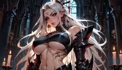 ai_generated armor black_sclera demon demon_horns dress manofmidas oc ram_horns red_eyes skulls underboob white_hair