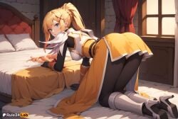 1girls ai_generated all_fours armor ass bed black_gloves blonde_hair blue_eyes blush boots braid breasts darkness_(konosuba) gloves hair_ornament hi_res high_heels indoors kono_subarashii_sekai_ni_shukufuku_wo! large_breasts long_hair looking_at_viewer looking_back on_bed patreon_username pillow ponytail rule34lab skirt solo window x_hair_ornament