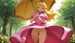 1girls accidental_exposure ai_generated blonde_female blonde_hair breasts dress dress_lift female mario_(series) no_panties outdoors outside parasol pink_dress princess_peach pubic_hair public public_nudity pussy pussy_juice pussy_juice_drip pussy_juice_trail skirt_lift smiling smiling_at_viewer solo trees umbrella upskirt