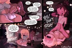 1boy 1girls adventure_time bedroom blonde_hair casual comic comic_panel cothswoller cowgirl_position dark-skinned_male dark_hair dark_skin dialogue female fionna_and_cake fionna_the_human_girl fishnet_shirt fishnets foreskin futanari grin hairy_pussy happy_sex marshall_lee panels ponytail power_bottom riding tied_hair trans_man trans_woman transfem transmasc twitching_penis uncircumcised uncut watching_porn