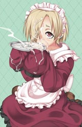 apron blonde_hair blush bukkake clothed cum cum_on_body cum_on_upper_body earrings facial gokkun hair_over_one_eyes idolmaster idolmaster_cinderella_girls jewelry looking_at_viewer maid maid_headdress mitsuki_(toriaezu) open_mouth puffy_sleeves red_eyes shirasaka_koume short_hair sitting sleeves_past_wrists solo tray wariza