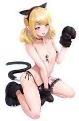 absurdres anal_beads anal_tail animal_ear_hairband animal_ears animal_hands belt_collar between_legs blonde_hair blush breasts cat_ear_hairband cat_ears cat_tail collar collarbone commentary_request fake_animal_ears fake_tail female frilled_thigh_strap full_body gloves hair_ornament hairband hairclip hand_between_legs hand_up heart heart-shaped_pupils highres medium_hair micro_panties name_tag nipple_clamps nipples object_insertion open_mouth original panties paw_gloves paw_pose paw_shoes pussy_juice red_collar red_eyes remote_control_vibrator sex_toy side-tie_panties sidelocks signature simple_background small_breasts solo string_panties symbol-shaped_pupils tail teeth thigh_strap topless_female torino_karaage underwear upper_teeth_only vaginal_object_insertion vaginal_penetration vibrator vibrator_in_thigh_strap white_background