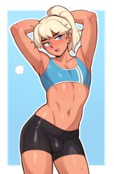 1boy belly blue_eyes bulge cody_(dross) crop_top dark-skinned_male dark_skin dross femboy fit male male_only ponytail skinny solo solo_male sweat tagme tank_top white_hair