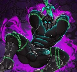 1boy bara bara_tiddies bara_tits barazoku big_penis chained chained_up chained_wrists chains cock_ring cock_ring_(decorative) danny_phantom fanart fright_knight gay huge_cock larg large_penis majormelon1 pinup precum precum_drip precum_on_penis precum_string restrained thick_penis veiny_penis