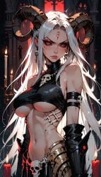 ai_generated black_sclera demon demon_horns dress manofmidas oc ram_horns red_eyes skulls underboob white_hair