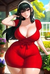yor_briar yor_forger spy_x_family light-skinned_female light_skin 1girls 1girl solo solo_female female_only curvy curvy_figure curvaceous curvy_female curvy_body curvaceous_figure curvaceous_female voluptuous voluptuous_female long_hair black_hair red_eyes hi_res highres ai_generated ai-created stable_diffusion dreamcoreart teasing teasing_viewer huge_breasts huge_ass large_breasts venus_body slender_waist busty day red_blouse garden