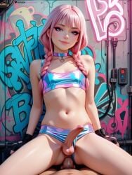 ai_generated anal braid choker cute femboy flat_chest graffiti horny_cultist_artist patreon penis pink_hair sex testicles