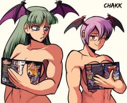 2girls balloon book_covering_breasts breasts chakkux covering_breasts darkstalkers fake_breasts flat_belly game_case green_eyes green_hair head_wings holding_object large_breasts lilith_aensland looking_at_viewer meme meme_reference morrigan_aensland nude ouch_meme purple_hair small_breasts wide_hips wink