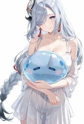 ai_generated blue_eyes breasts earrings genshin_impact hair_ornament hair_over_one_eye holding_object hoyoverse lace long_hair mihoyo mihoyo_technology_(shanghai)_co._ltd. nightgown pale-skinned_female pale_skin shenhe_(genshin_impact) sleepwear slime smile thighs tummy white_background white_hair