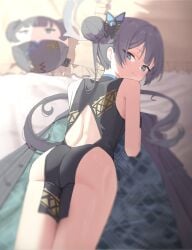 ass ass_focus big_ass black_hair blue_archive blushing butterfly_hair_ornament china_dress chinese_clothes female hair_buns kisaki_(blue_archive) kisaki_ball long_hair looking_at_viewer lying_on_stomach mahou_gnome meme twintails young