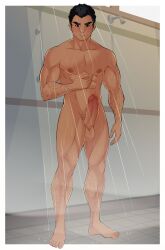 arm_hair balls black_eyes black_hair body_hair circumcised completely_nude erection feet leg_hair male male_only muscular muscular_male nipples penis pubic_hair shower solo solo_focus solo_male standing training_dog yuji_tsukishima yuunsfw