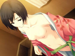 1girls black_eyes black_hair breasts female flat_chest game_cg innocent_grey kara_no_shoujo kimono navel nipples no_bra no_panties short_hair solo standing undressing