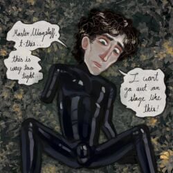 1male amputated_arm amputee arm_amputee black_bodysuit black_latex brown_hair bulge bulge_through_clothing curly_hair dialogue digital_art digital_media_(artwork) ducky_the_dullard english_dialogue english_text frightened gay green_eyes imminent_exhibitionism latex latex_bodysuit latex_clothing latex_suit looking_at_self looking_down looking_down_at_self male_focus mr_shrink nervous nervous_male scrawny shiny_latex short_hair skin_tight skinny skinny_male stage_fright unhappy unhappy_male