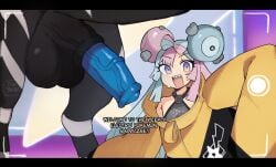 1girls 2025 aqua_hair balls camera_view dialogue english_text female generation_5_pokemon hi_res horse_penis horsecock huge_balls huge_cock iono_(pokemon) long_hair looking_at_viewer nintendo oniiyanna open_mouth penis pink_hair pokemon pokemon_(species) pokemon_sv purple_eyes sharp_teeth smiling smiling_at_viewer text twintails two_tone_hair upper_teeth veiny_penis zebstrika