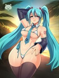 1girls arm_sleeves bikini black_thighhighs blue_eyes blue_hair blush cameltoe detached_collar female female_only hand_behind_head hatsune_miku heart-shaped_pupils hi_res josephwolf light_blue_hair long_hair looking_at_viewer micro_bikini necktie side-tie_bikini smiling smiling_at_viewer solo thick_thighs thighhighs twintails vocaloid wide_hips