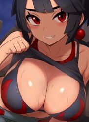 1girls big_breasts black_bra black_hair black_tank_top blush bra breast_focus breasts cleavage ear_piercing earrings female female_only game_freak hair huge_breasts i_b_(yaun2242) pokemon pokemon_oras red_eyes smile solo solo_female sweat sweatdrop tank_top tank_top_lift topwear upper_body zinnia_(pokemon)