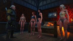 1boy 3d 4girls black_panties blue_panties bra ciri game_screenshot geralt_of_rivia keira_metz lingerie mod multiple_girls panties the_witcher_(series) the_witcher_3:_wild_hunt triss_merigold underwear white_panties yennefer