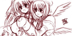 female hayate_yagami human kamogawa_tanuki lactation mahou_shoujo_lyrical_nanoha mahou_shoujo_lyrical_nanoha_strikers nipples teana_lanster