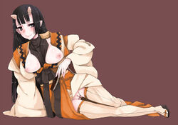 black_eyes black_hair breasts breasts_out clog_sandals demon_girl fan folding_fan hime_cut horns japanese_clothes large_breasts long_hair misumi_(summon_night) mmm monster_girl nipples oni pointy_ears pussy simple_background smile solo summon_night summon_night_3 thighhighs white_legwear wide_sleeves