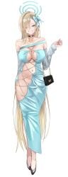 absurdly_long_hair absurdres alternate_costume arm_behind_back asuna_(blue_archive) bag black_choker black_shoes blue_archive blue_halo blue_nails bow breasts choker collarbone female full_body grin groin hair_over_one_eye hairbow halo handbag highres hip_vent long_hair miz_blank mole mole_on_breast multi-strapped_dress navel navel_piercing no_panties one_eye_closed piercing revealing_clothes shoes simple_background smile solo standing very_long_hair white_background