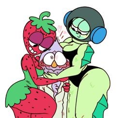 1boy 2girls alternate_version_available beak breasts_on_head cartoon_network clothed color_edit diving_belle diving_helmet drupe drupe_(fruit) fat_ass fish_girl fish_humanoid fruit_humanoid gollyollyoxenfree green_dress ok_k.o.!_let's_be_heroes pird plant_girl red_skin strawberry swimsuit thick_thighs