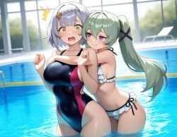 2girls ai_generated belly_button bikini blush blush breasts clothed corin_wickes crossover genshin_impact girls_only green_hair grey_hair hair_between_eyes hair_ornament hugging hugging_from_behind light-skinned_female looking_at_another looking_at_viewer medium_breasts noelle_(genshin_impact) one-piece_swimsuit pool purple_eyes short_hair small_breasts smile submerged_legs surprised swimsuit thighs twintails yellow_eyes zenless_zone_zero